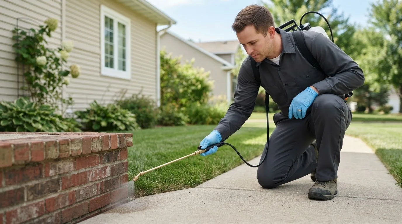 Pest control technician treating a home near Clearmont, MO